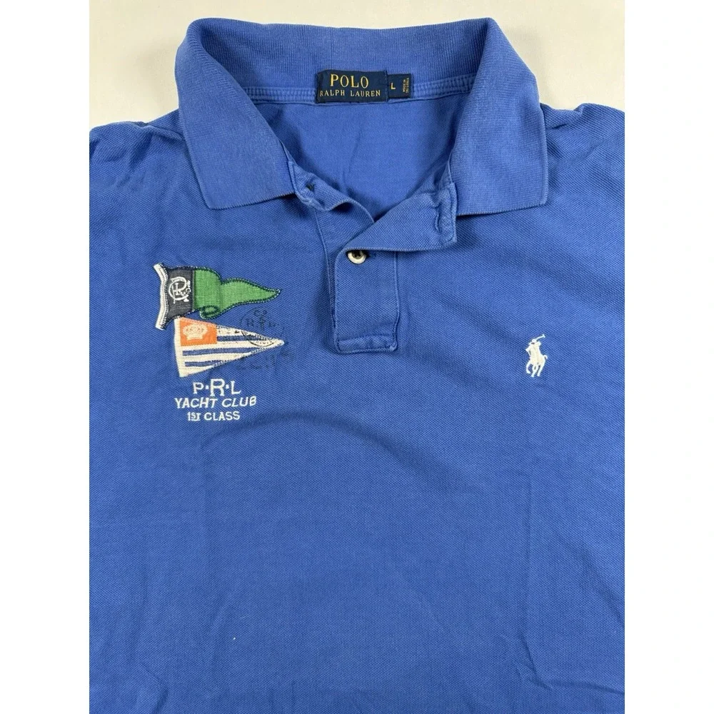 Polo Ralph Lauren Mens L Blue Yacht Club Flag Patch Applique Polo Shirt Y2K